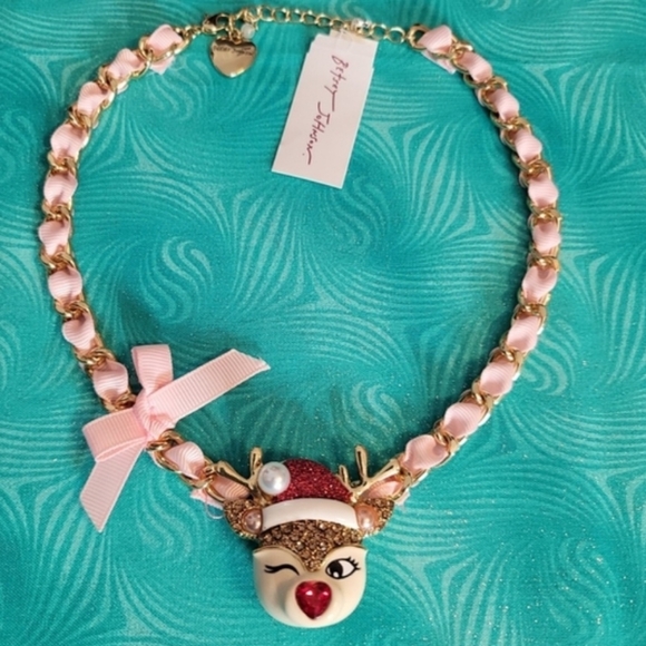 Betsey Johnson Christmas Reindeer Necklace Jingle Bell Bling Rudolpf Red Santa - Picture 9 of 9